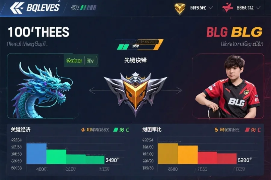 游戏内数据界面，显示100 Thieves与BLG的龙、先锋及男爵控制，以及关键经济与参团率对比，风格简洁直观