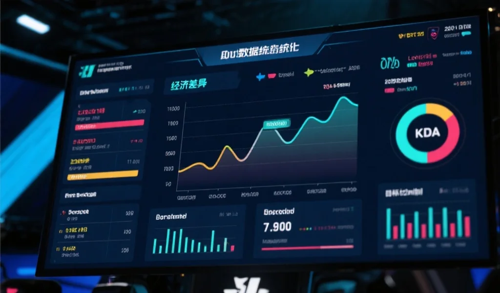 电子竞技比赛数据统计面板，显示经济差曲线、KDA、输出和目标控制等关键数据，风格简洁专业