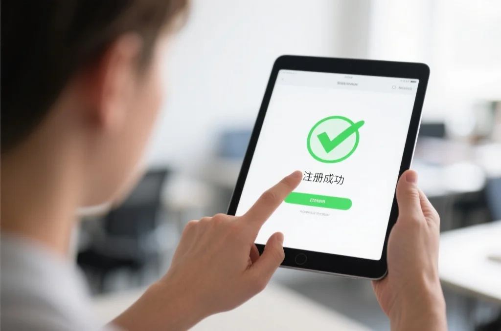 平板电脑上显示注册成功界面的特写